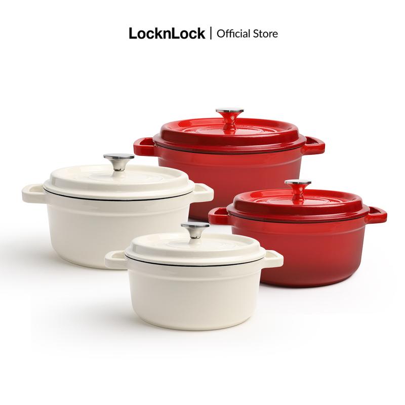 Nồi gang tráng men có nắp 2 tay cầm LocknLock CIC Casserole, đường kính 22cm và 24cm, 2 màu trắng/đỏ (Dùng được cho bếp từ)
