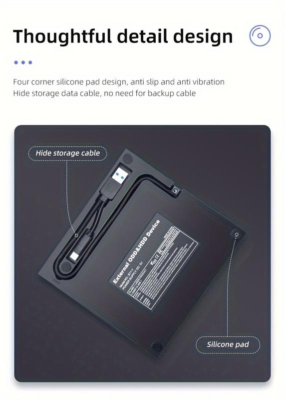 Product Introduction of External USB3.0 Optical Drive, External Mobile DVD Burner High-definition Player, Portable CD/VCD/DVD Player, Nine-grid Style Burner, For Burning, Reading, And Playing On Laptops And PCs. 8