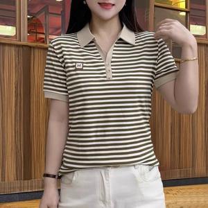 Summer New Stripe Short Sleeve Top for Women Elegant Midlife Mom Fashion Belly Cover Embroidered Polo Shirts lady