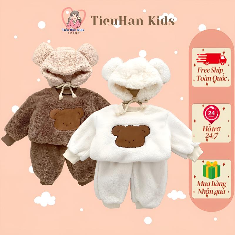 SB07 Set Đồ Lông 3 Món Áo Quần Và Mũ, Thiêu Hình Gấu Cho Bé Trai, Bé Gái 8-18Kg 0