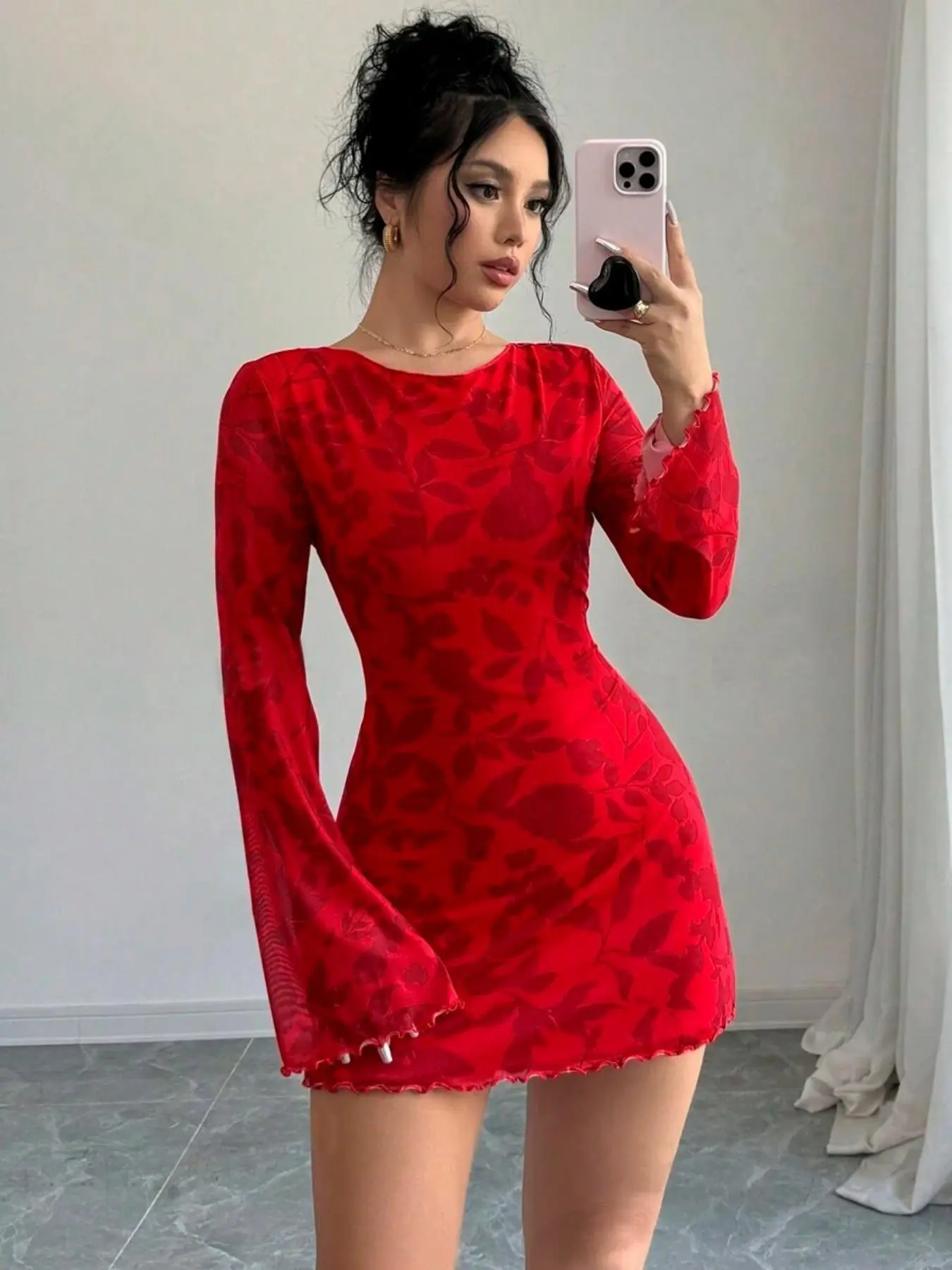 Women's Floral Print Tie Back Lettuce Trim Dress, Elegant Backless Flounce Sleeve  Round Neck Short Dress for Spring & Fall, Women's Clothing for Daily Wear Valentine's Day, gift