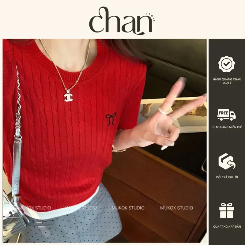 Áo len mongtoghi tay ngắn thêu nơ phong cách hàn quốc M520 0
