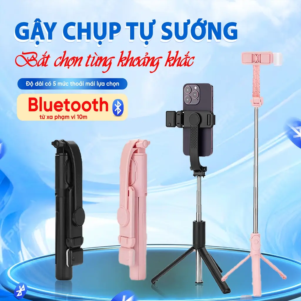Gậy tự sướng gấp gọn, có remote kết nối bluetooth và đèn LED trợ sáng, quay được 360 độ