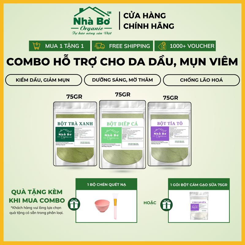 [MUA 1 TẶNG 1] Combo 3 gói x 75g [Bột Trà Xanh + Bột Diếp Cá + Bột Tía Tô] - Hỗ trợ giảm mụn, kiểm soát dầu thừa | Nhà Bơ Organic