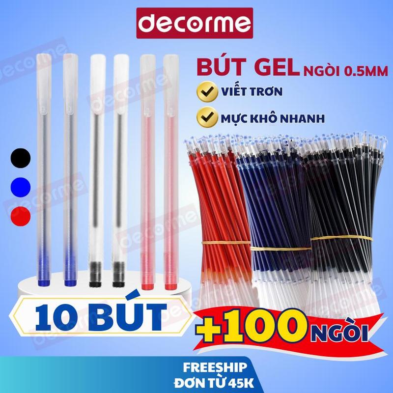 Bộ 10 bút + 100 ngòi bút khô nhanh mực gel đen xanh đỏ ngòi 0.5mm Decorme khô nhanh ngòi chất lượng cao thiết kế đơn giản phụ kiện văn phòng phẩm