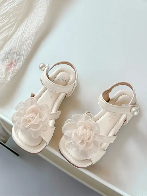 Flower Decorated Sandals, Soft Lightweight Comfortable Sandals for Girls, Elegant Sandals for Wedding Party, Kids Shoes for Summer 0