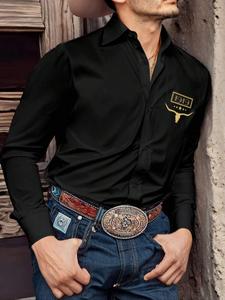Camisa de Corte Regular para Hombre con Estampado de Vaquero y Cabeza de Búfalo, Manga Larga, Cómoda y Casual con Frente con Botones y Cuello, Ideal para Trabajo de Oficina, Ropa de Hombre para Todas las Estaciones