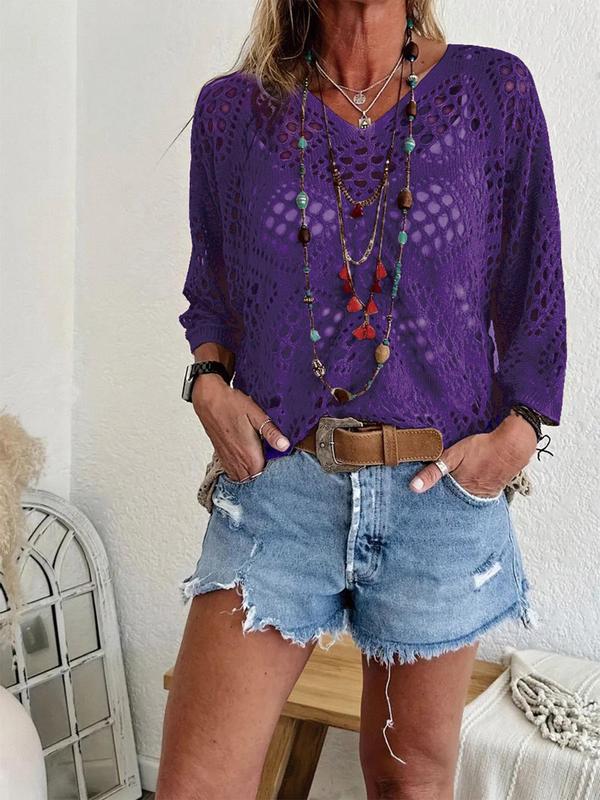 【 Plus Size】 Solid Hollow Out Drop Shoulder Knit Top, Elegant Casual V Neck Three Quarter Length Sleeve V Neck Knitwear for Summer, Women's Plus Crochet Clothing for Daily Wear, Vneck 4