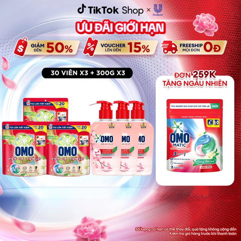 Combo 3 Túi viên giặt tiện lợi OMO 3 trong 1 (30 viên/túi) và Combo 3 Nước Giặt Đồ Lót OMO Hương Hoa Anh Đào Thanh Lịch 300G [1]