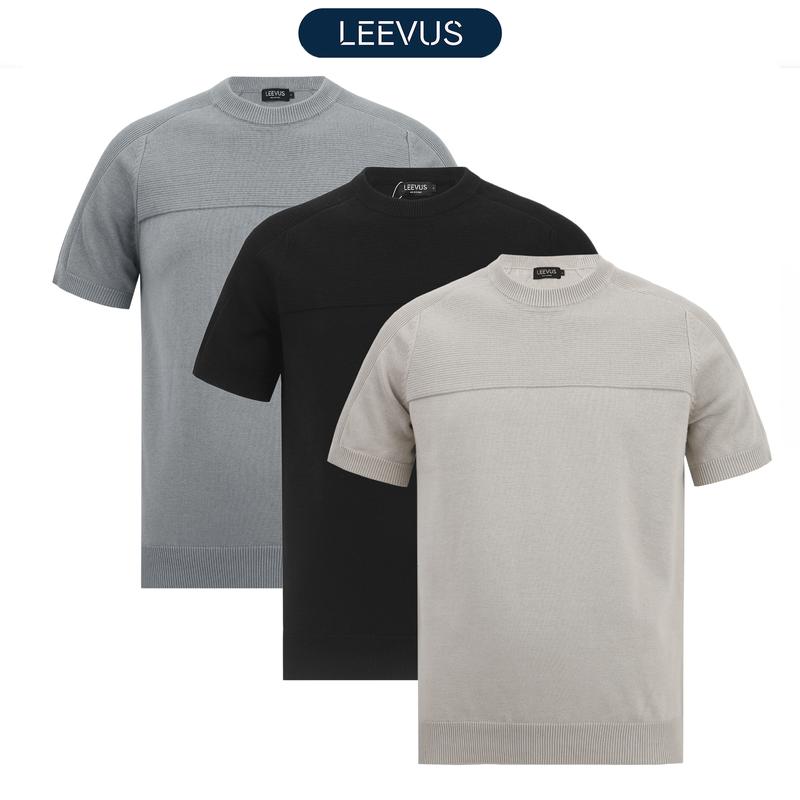 [TẶNG HỘP CHO ĐƠN TỪ 499K] Áo thun nam LEN DỆT KIM cao cấp Mix Ribbed T-shirt thiết kế ôm dáng lịch lãm LEEVUS AT30 Menswear Cổ Tròn