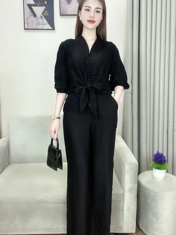 Set đồ bộ nữ, áo tay lỡ quần dài lưng thun, bộ đồ nữ mùa hè, chất vải đũi tơ mềm, mịn, mã B243 1