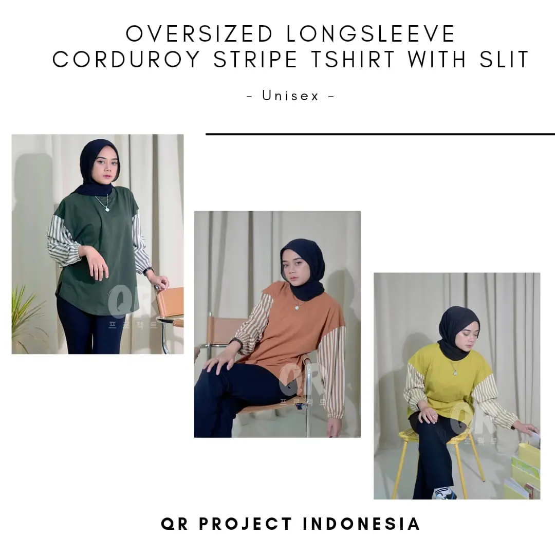 QR PROJECT ID - Kaos Oversize Wanita Lengan Panjang Salur Stripe Cotton Corduroy With Slit Nyaman