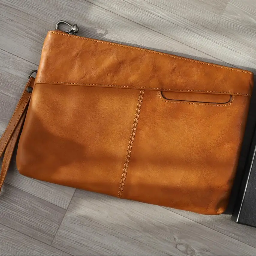 (Xả Kho) [Liinz] Clutch Cầm Tay Da Bò L2105 Màu Vàng Bò Nam