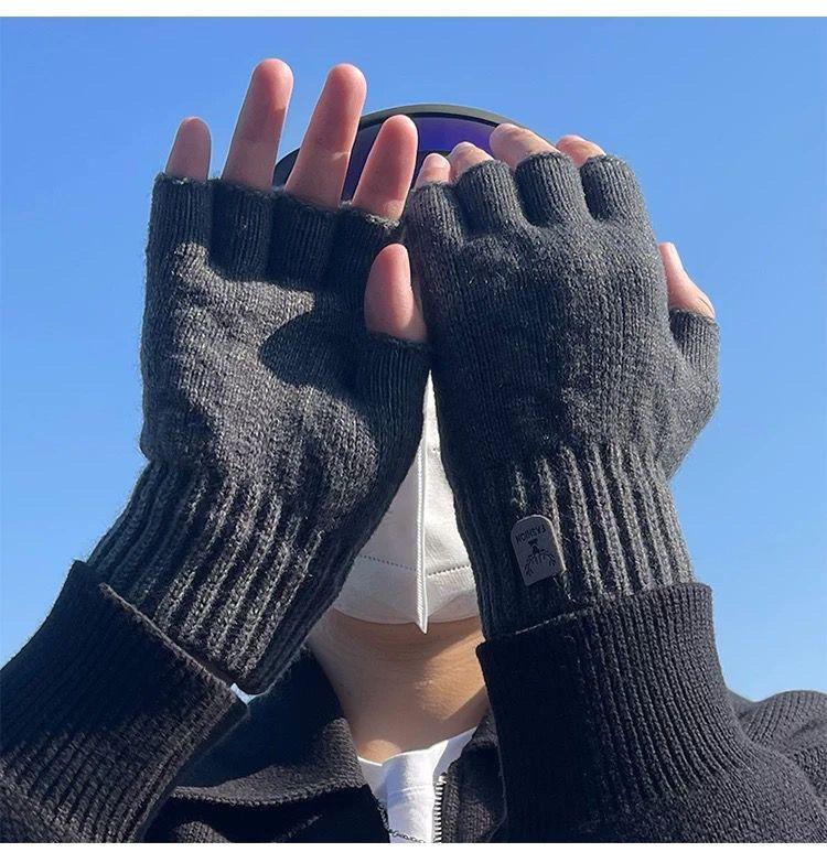 Product Introduction of 2024 Gloves Men's Open Finger Winter Half Finger Riding Student Writing Thick Wool Knitted Leaking Finger Cold-Proof Warm 13