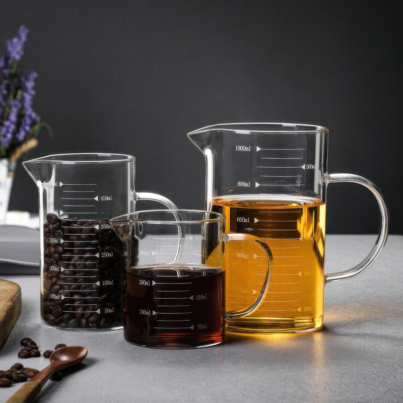 Cốc thủy tinh chia vạch có quai ca thủy tinh chia dung tích có nắp gỗ đậy chịu nhiệt 350-500-1000ml