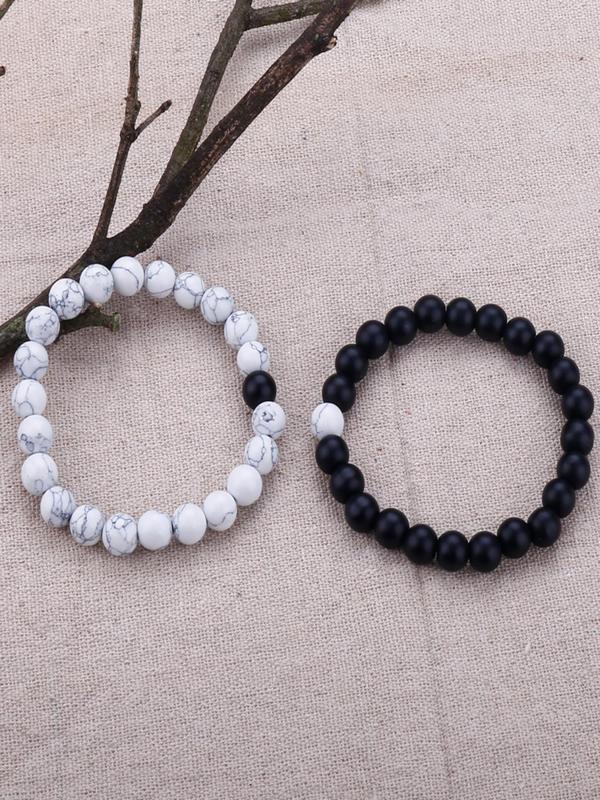 2pcs/set Unisex Simple Style Beaded Bracelet with Turquoise Texture Design, Casual Trendy Beaded Bracelet, Fashionable Jewelry for Women & Men, Couples Gifts 5