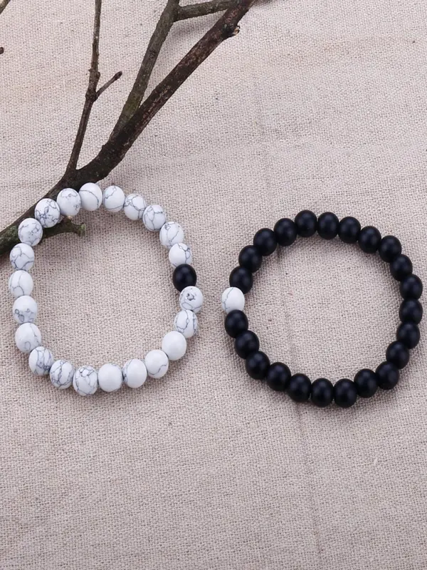 2pcs/set Unisex Simple Style Beaded Bracelet with Turquoise Texture Design, Casual Trendy Beaded Bracelet, Fashionable Jewelry for Women & Men, Couples Gifts 5