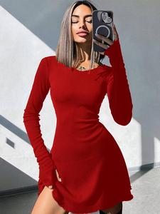 Vestido acanalado liso con cordones y lazo en la espalda para mujer, vestido corto informal de manga larga con cuello redondo y una línea para primavera y otoño, ropa de mujer para uso diario,vestido de moda para mujer