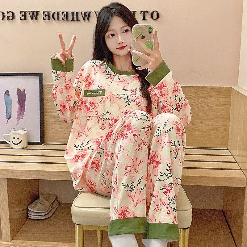 Bộ Đồ Ngủ Cotton Nguyên Chất Dành Cho Phụ Nữ, Bộ Sưu Tập Mới 2024, Tay Áo Dài, Thích Hợp Cho Mùa Xuân Và Mùa Thu, Có Thể Mặc Ngoài Trời, Thiết Kế Dễ Thương, Dáng Rộng Vừa Vặn, Ngoại Cỡ, Thích Hợp Mặc Nhà, Đồ Mặc Nhà Top Women Pants