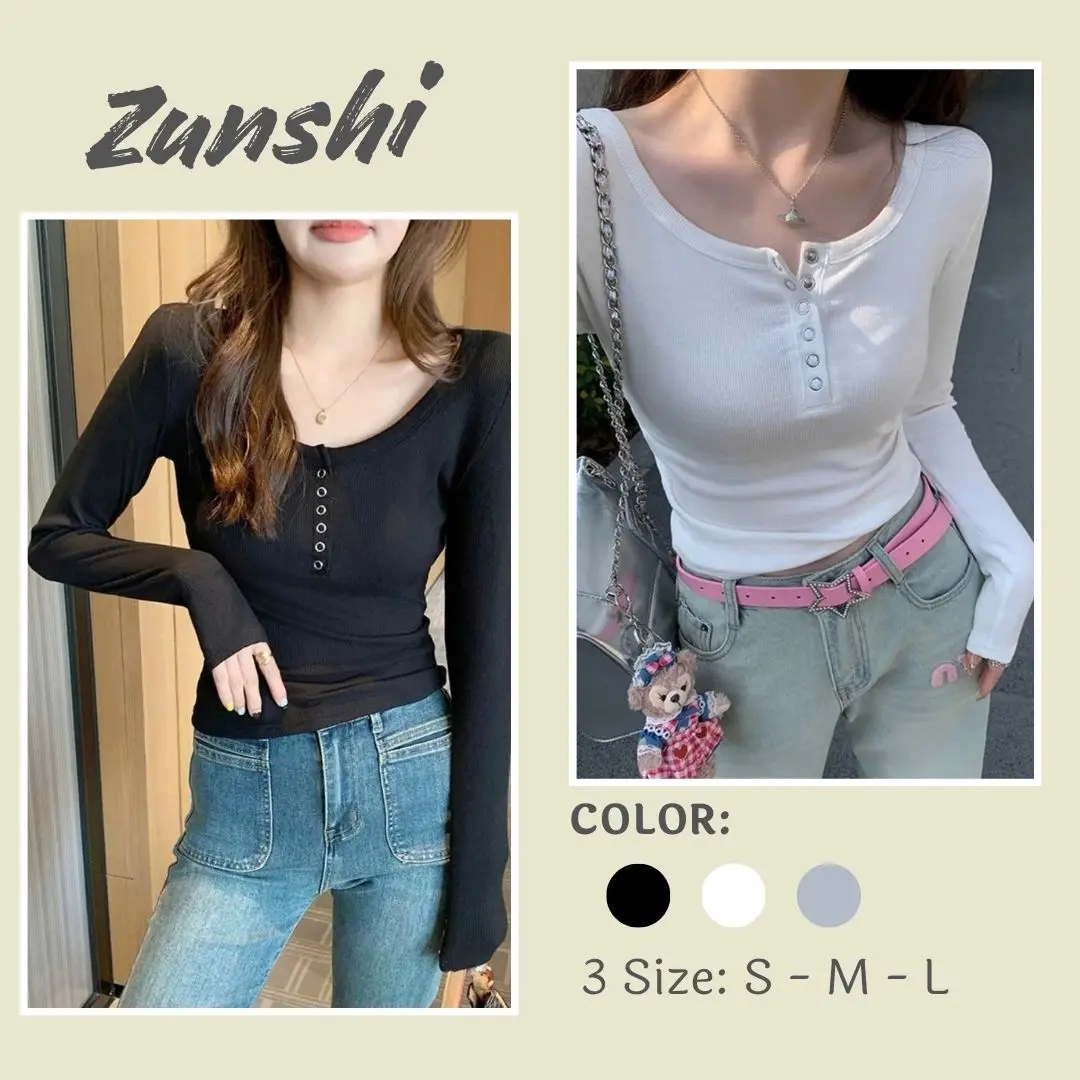 Áo thun dài tay nữ ZUNSHI - Form dáng ngắn basic dễ phối đồ, chất liệu thun gân  cúc bấm-ZU11