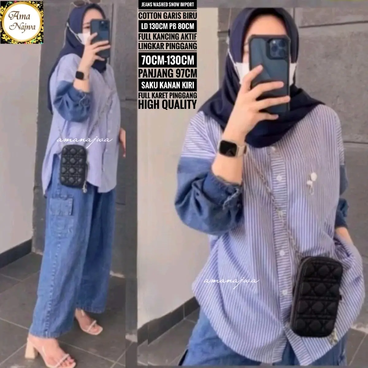 Setelan Wanita jumbo xxxl ld 130 Atasan Baju Celana Panjang Muslim Kancing Karet Fit Salur Oversize Fit Salur Oversize Tunik