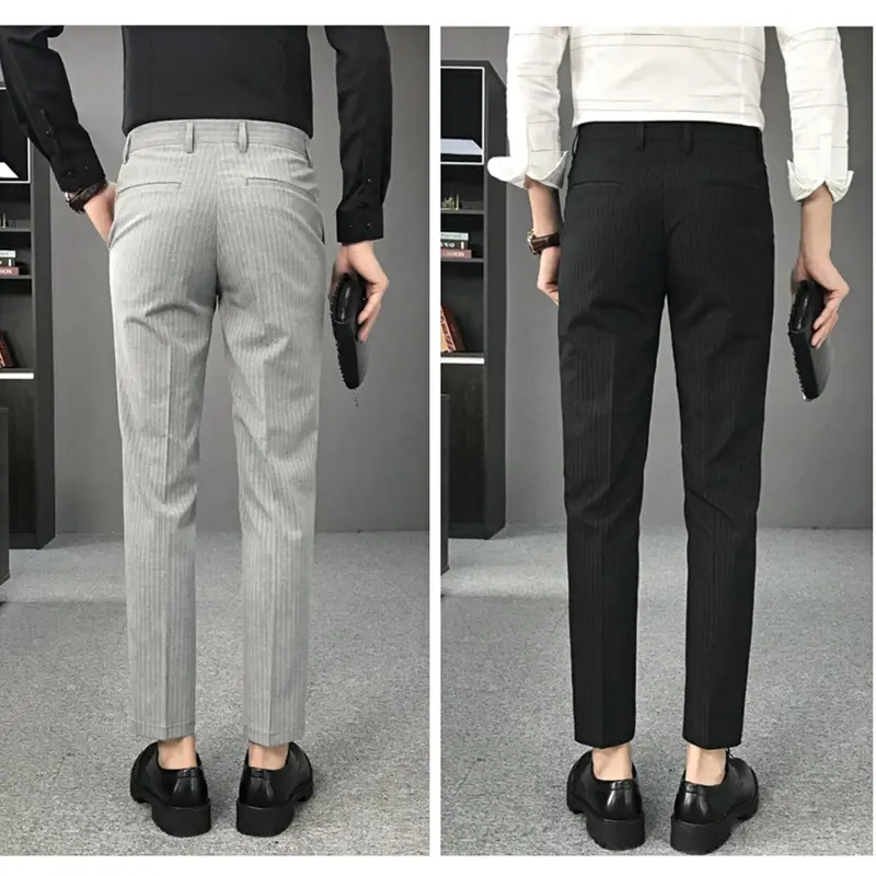 Quần Âu Nam, Phong Cách Hàn Quốc, Thiết Kế Sọc, Thường Ngày, Chất Lượng Cao, Thời Trang, Cổ Điển Menswear Pants Có Túi Màu Đen 5
