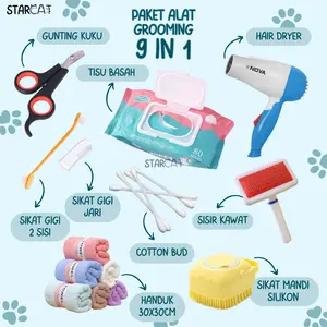SC 9in1 Paket Alat Grooming Kucing Hewan Peliharaan Tisu Basah Kulit Bulu Pengering Sisir Gunting Kuku Sikat Mandi