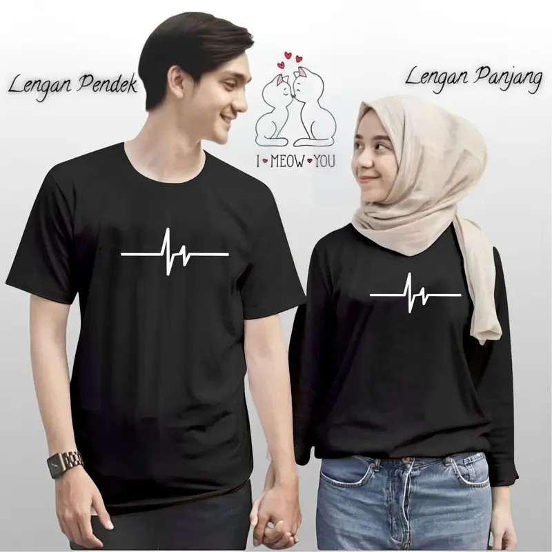 Kaos Couple Pasangan Detak Jantung ( Isi 2 Pcs ) Pria Wanita Lengan Panjang Dan Lengan Pendek Bahan Premium 1
