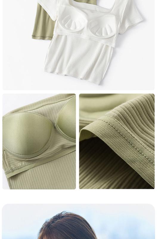 Product Introduction of Pure Cotton with Chest Pad Short-Sleeved T-shirt Woman Square-Neck Cup One-Piece Waist Bottoming Shirt Wear-Free Bra Underwear Outer Wear Clothing Women's Padded T-shirt 13