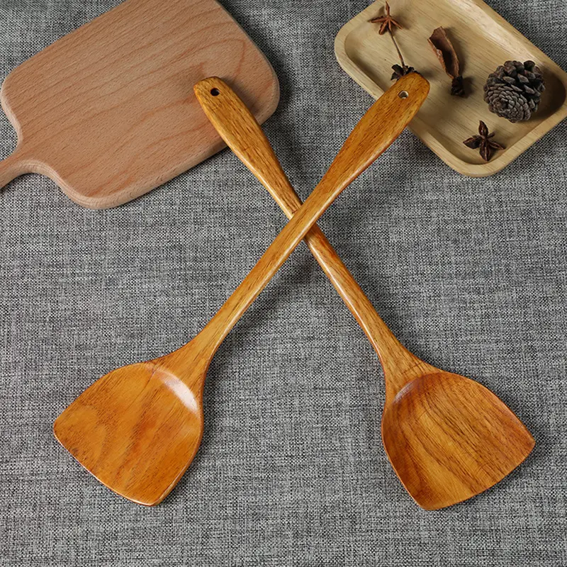 Thìa nấu ăn chống dính, tay cầm dài, xẻng đốt bằng gỗ chịu nhiệt cho nhà bếp 2