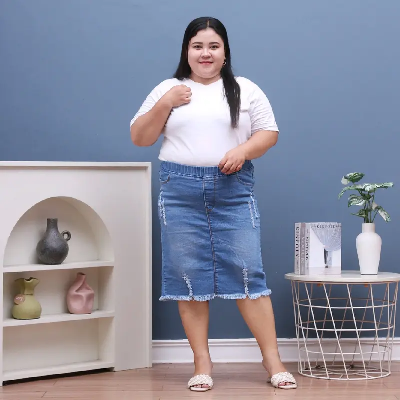 Rok Jeans Wanita Pinggang Karet Stretch Premium - Ukuran 31-43 - Span, Denim, Pendek, Panjang 2