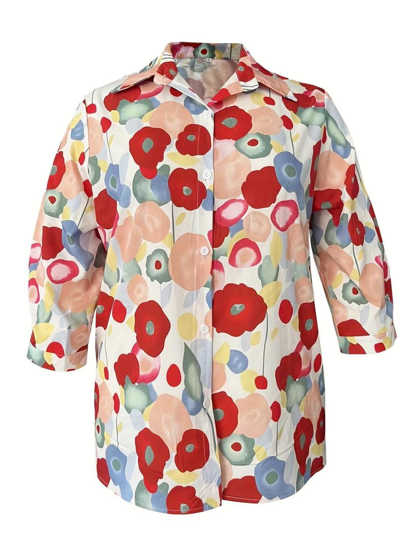 Product Introduction of 【plus Size】 All Over Floral Print Button Front Blouses, Casual Long Sleeve Collared Top for Spring & Fall, Women's Clothes for Daily Wear 3