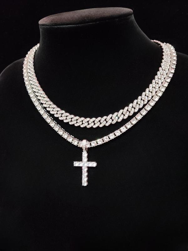 Luxury Artificial Zircon Cross Pendant Necklace & Rhinestone Cuban Chunky Chain Necklace, Sparkly Hip Hop Iced Out Bling Bling Punk Necklaces for Party Decor 0