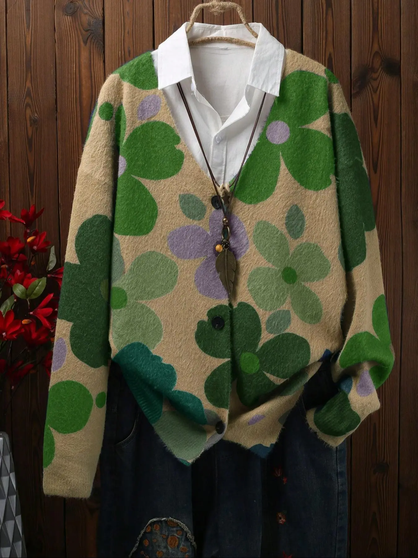 【Plus Size】 Floral Pattern Button Front Cardigan, Casual Open Front Long Sleeve Cardigan Sweater for Fall & Winter, Women's Clothing for Daily Wear