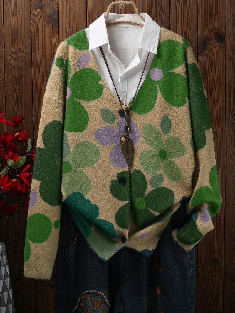 Product Introduction of 【Plus Size】 Floral Pattern Button Front Cardigan, Casual Open Front Long Sleeve Cardigan Sweater for Fall & Winter, Women's Clothing for Daily Wear 1