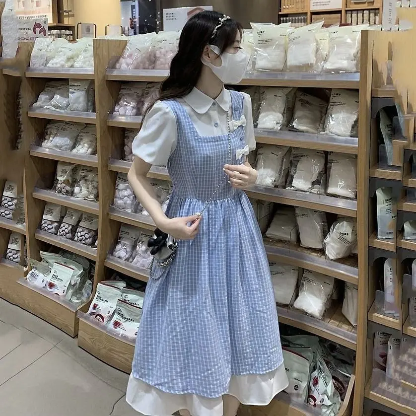 Váy Kẻ Sọc, Phong Cách Preppy, Cổ Polo Ngọt Ngào, Nơ Hai Lớp Giả, Dài Trung Bình Váy Chữ A, Thích Hợp Cho Học Sinh Nữ, Mặc Mùa Hè