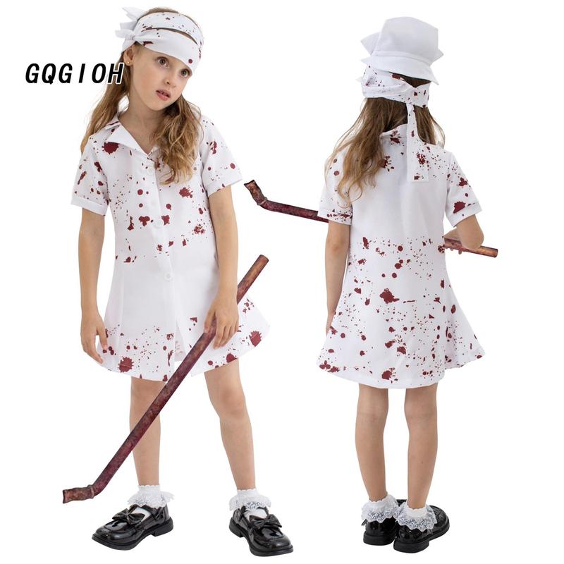 Bloody Nurse Costume for Girls Creepy Short Sleeve Dress Hat Set 4