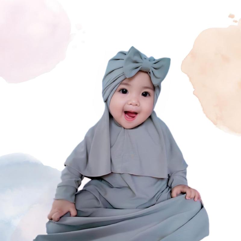 Gamis Bayi Hijab Free Turban Polos 0-2 Tahun Balita Anak Fashion Pakaian Perempuan muslim panjang variasi baju Merah Setelan Kerudung Nyaman Cewek Lembut 7
