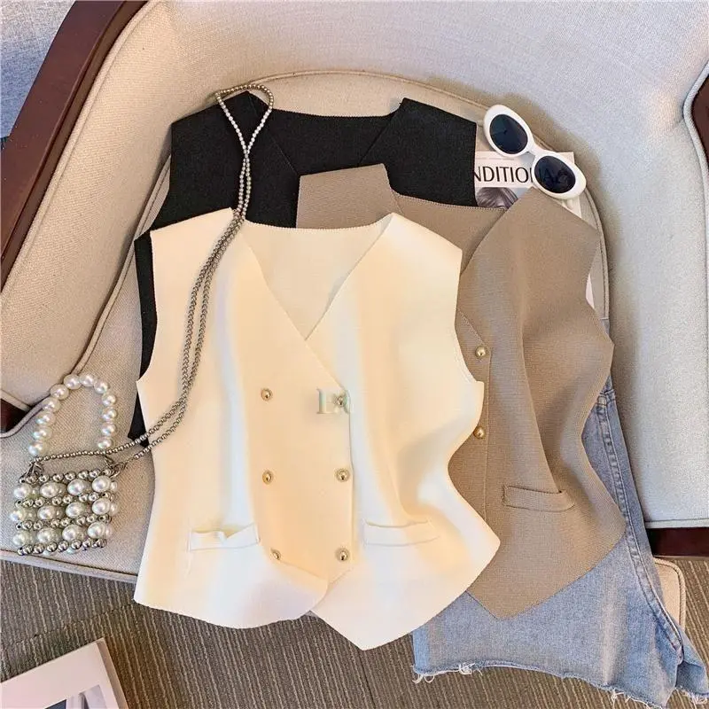 LNR Shop Atasan Vest Rompi Rajut Full Kancing Bahan Halus Lembut untuk Perempuan Tanpa Lengan Basic Elegant Kaos Blouse Vintage Knit Santai Jalan Kasual Casual Crop Tank Top
