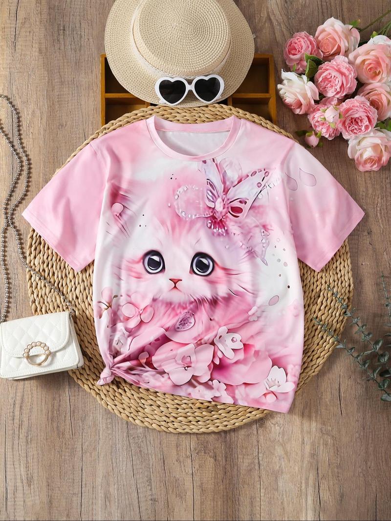 Product Introduction of Girl's Cat Print Round Neck Tee, Cute Casual Short Sleeve T-shirt for Summer, Kids Clothes for Daily Wear 1