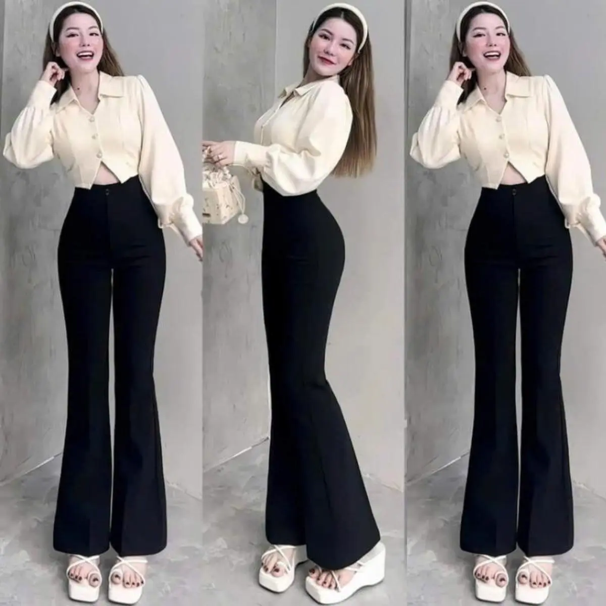 Quần Ống Loe Nữ Dài Cạp Lưng Cao Có Túi 1 2 Cúc Khuy Cài Chất Tuyết Mưa Hàn Màu Đen Quần Tây Ống Bass Vẩy Nữ Công Sở Làm Đi Học