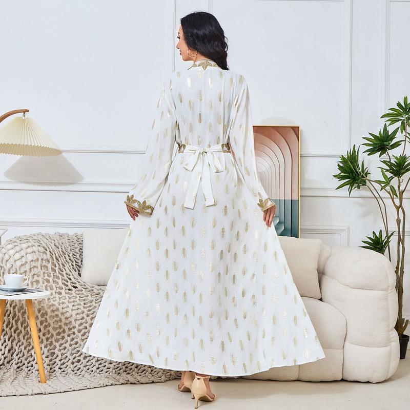 2025 Middle East New Fashion Women's Clothing Muslim Home Robe White Bronze Elegant V-neck Dress Abaya 2