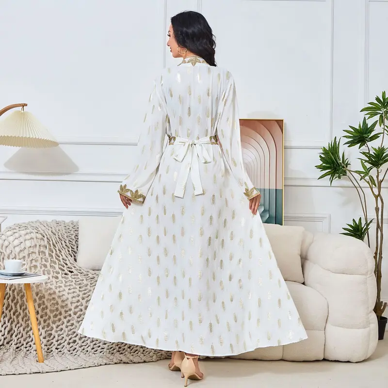 2025 Middle East New Fashion Women's Clothing Muslim Home Robe White Bronze Elegant V-neck Dress Abaya 2