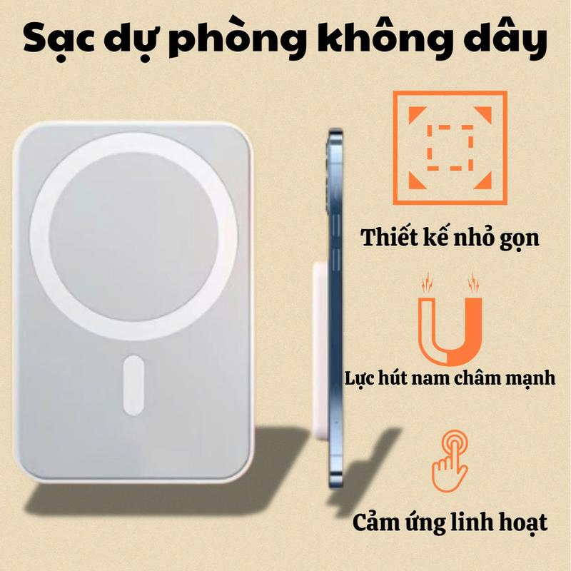 Sạc dự phòng không dây Magsafe 5000MAH ( Tặng kèm dây sạc Usb + Vòng từ tính ) tương thích với điện thoại IPHONE 8 trở lên