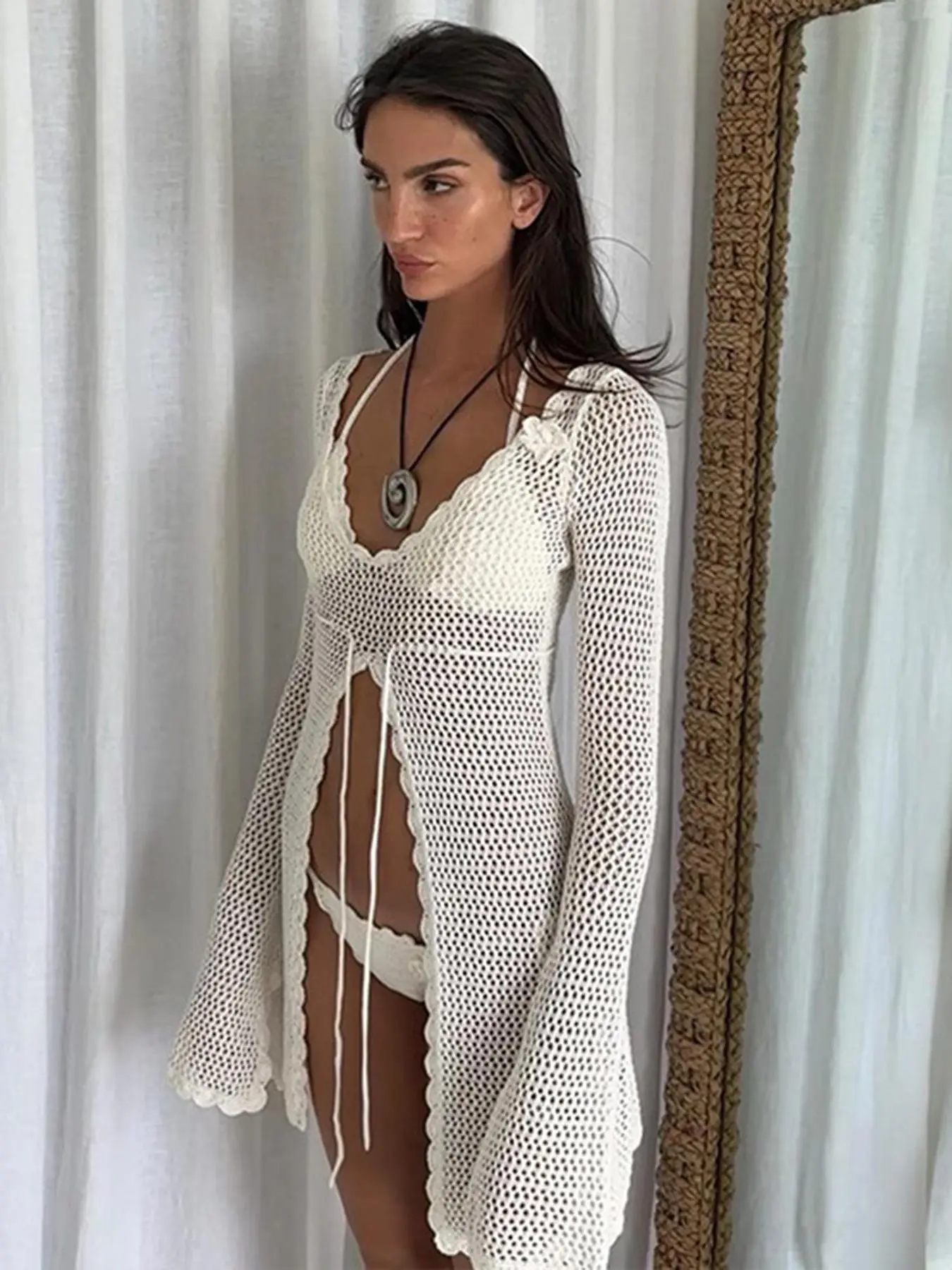 Women's Solid Hollow Out Tie Front Split Hem Pullover, Casual Long Sleeve Cover Up for Summer, Fashion Women's Knitwear for Beach Holiday Vacation