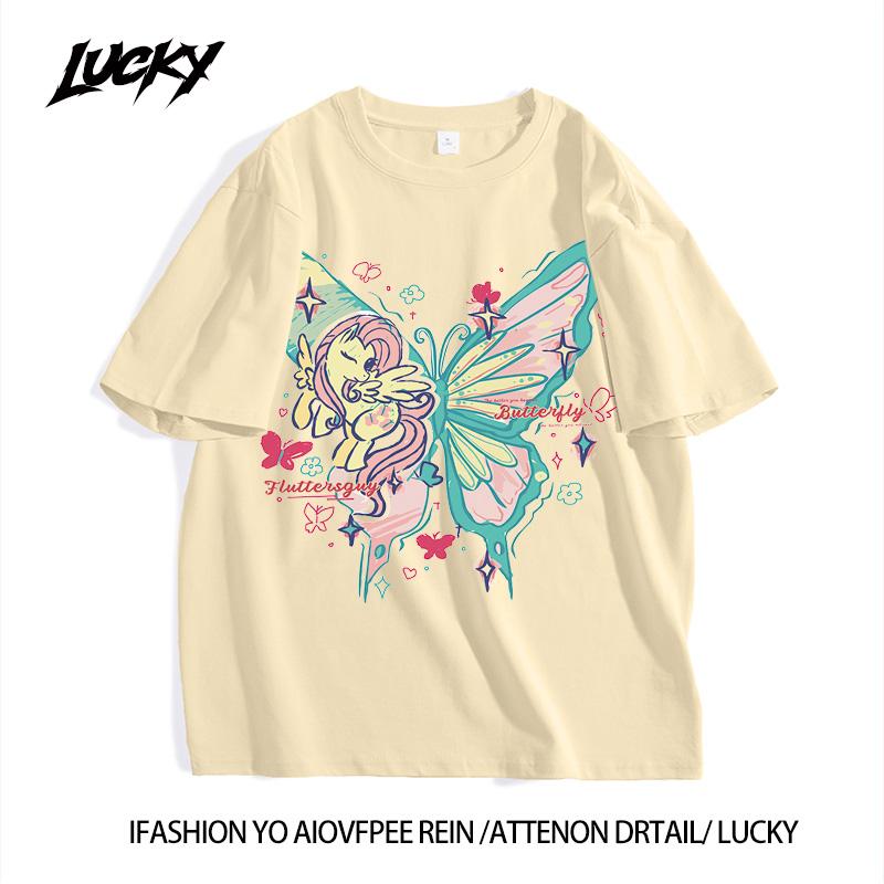 Based on summer butterfly large looseness, round collar short -sleeved T -shirt women 2
