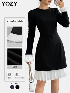 YOZY Women's Colorblock Pleated Design Flounce Sleeve Dress, Elegant Long Sleeve Round Neck A Line Dress for Party Holiday Wedding Guest, Ladies Clothes for All Seasons