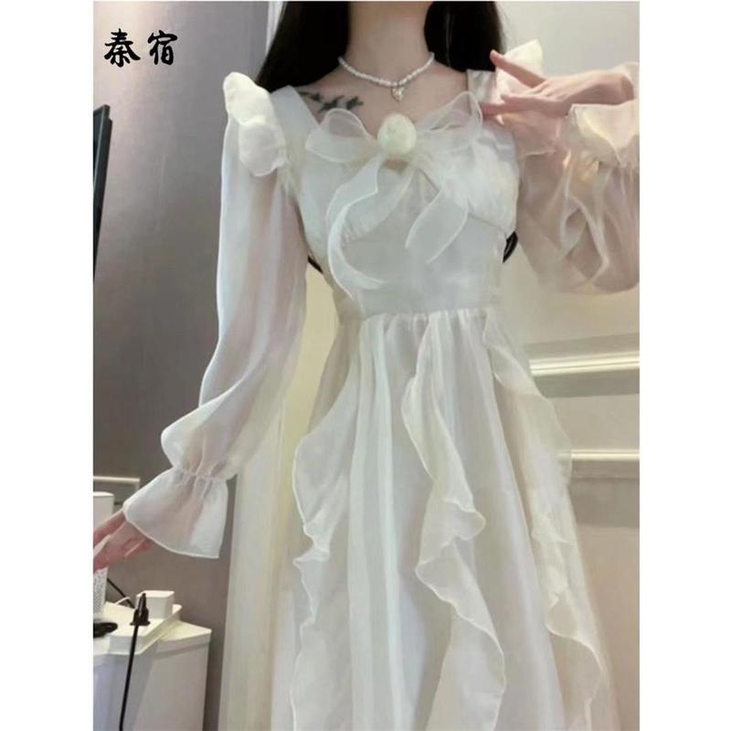 Váy Fufu Sữa, Qin Su, Phong Cách Công Chúa INS, Nơ Ngọt Ngào, Eo Thanh Lịch, Bó Sát, Phồng, Váy Dài Tay, Thời Trang, Dễ Phối Đồ Thanh Lịch 4