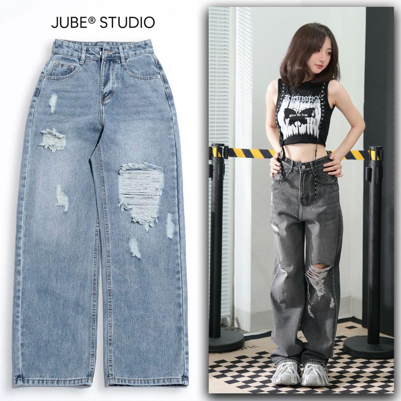 Quần Jean Nữ Vải QC Cao Cấp Ống Suông JUBE Lưng Cao Rách Gối Kiểu Cá Tính