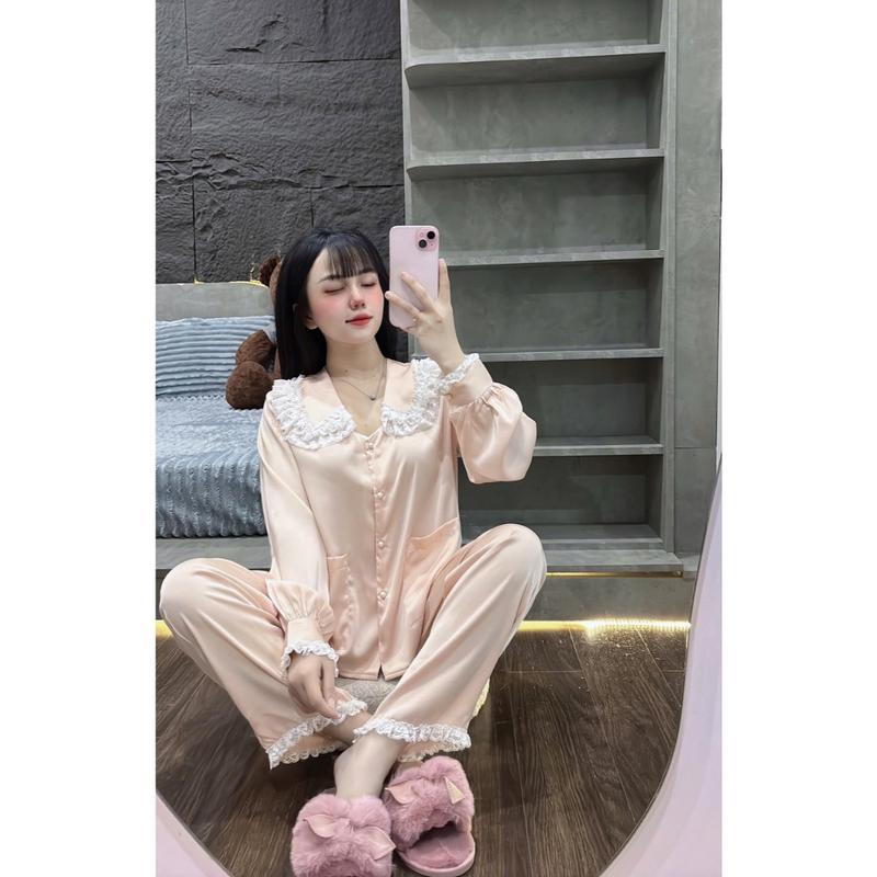 Đồ Bộ Tiểu Thư JULY Pijama Tay Dài Cổ Sen Ren Tầng Chất Lụa Latin Mềm Mịn Freesize 7